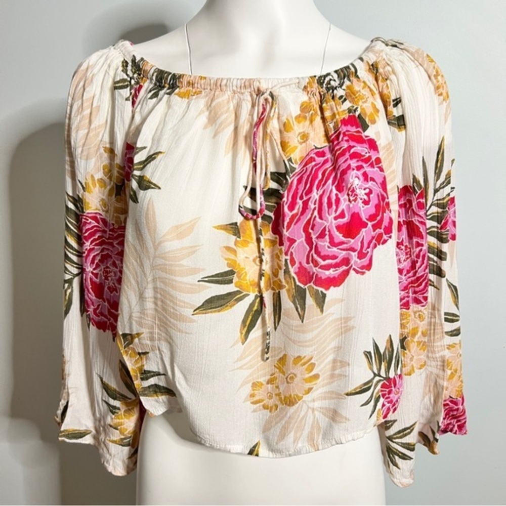 Billabong Women's Floral Off The Shoulder Top Cream/Pink Tie Front Crop Size S